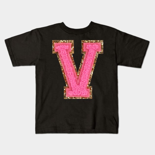 V - Bubblegum Glitter Varsity Letter Patches Kids T-Shirt by Ramagarma